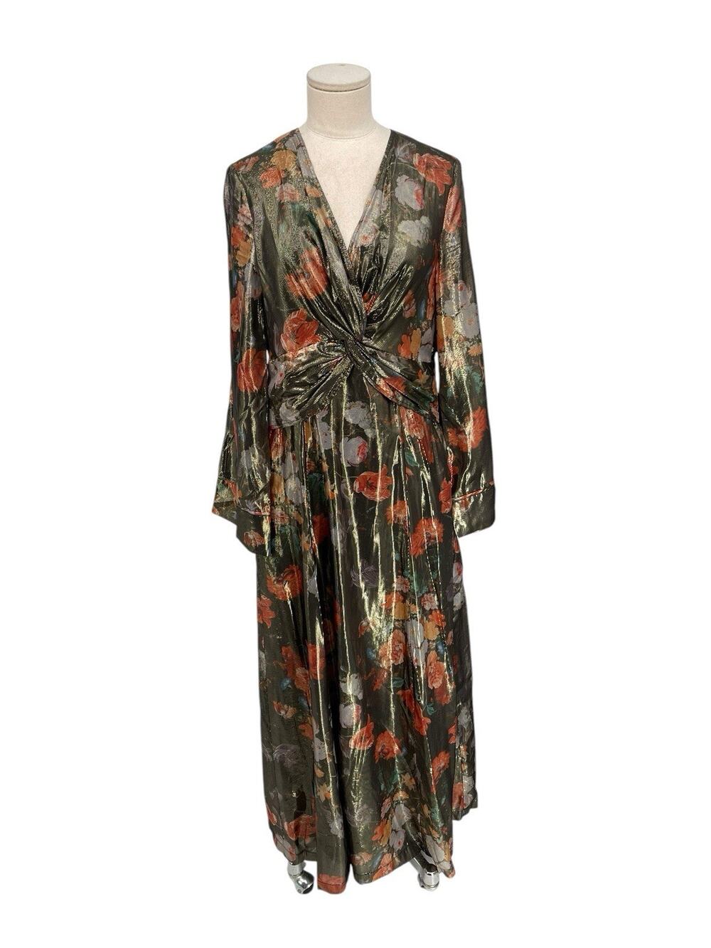 NWT Anthropologie Caballero Deep V-Neck Maxi Dress Floral Shimmer Autumn Size M